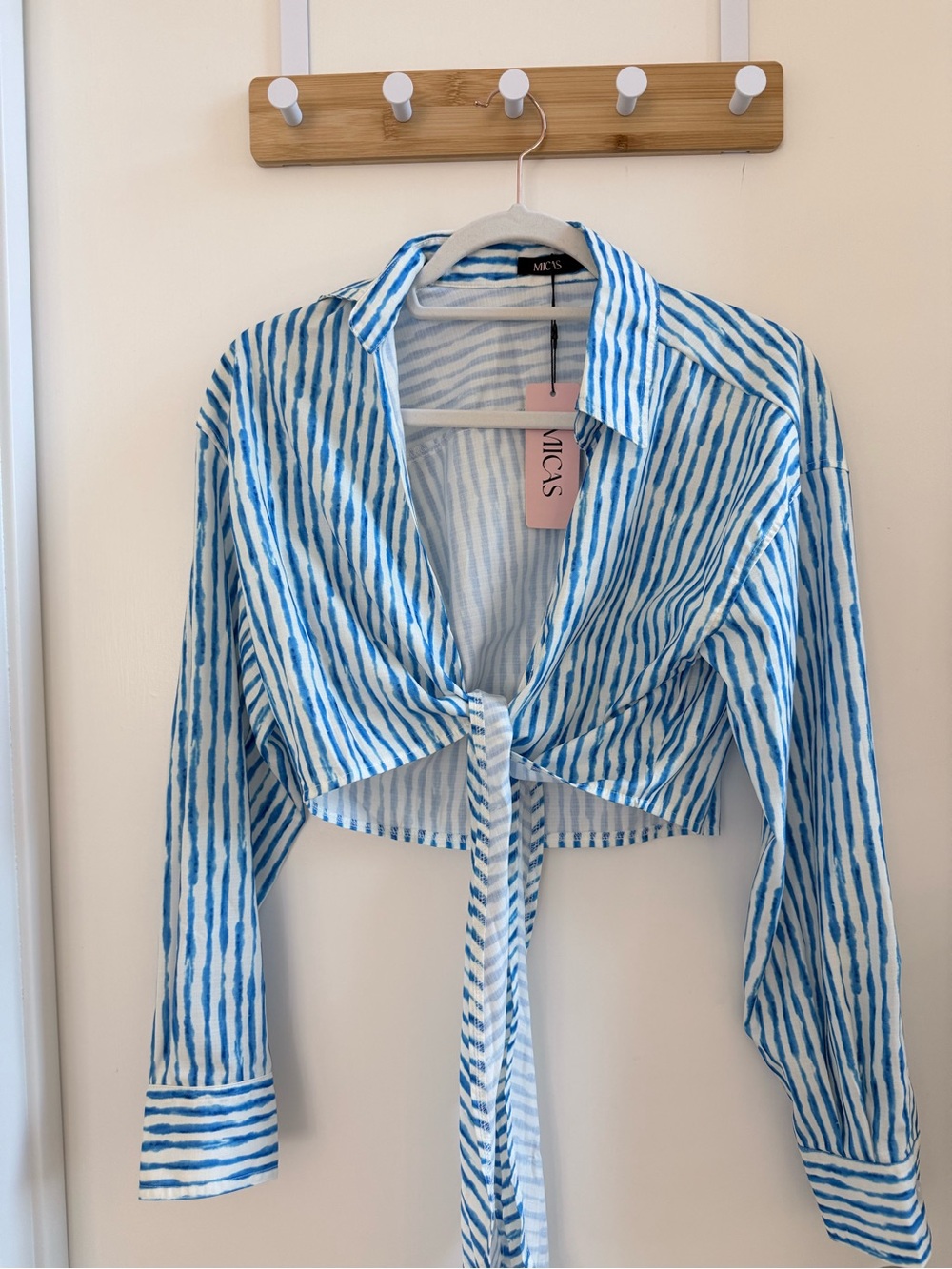Mica's Blue & White Striped Tie-Front Crop Shirt